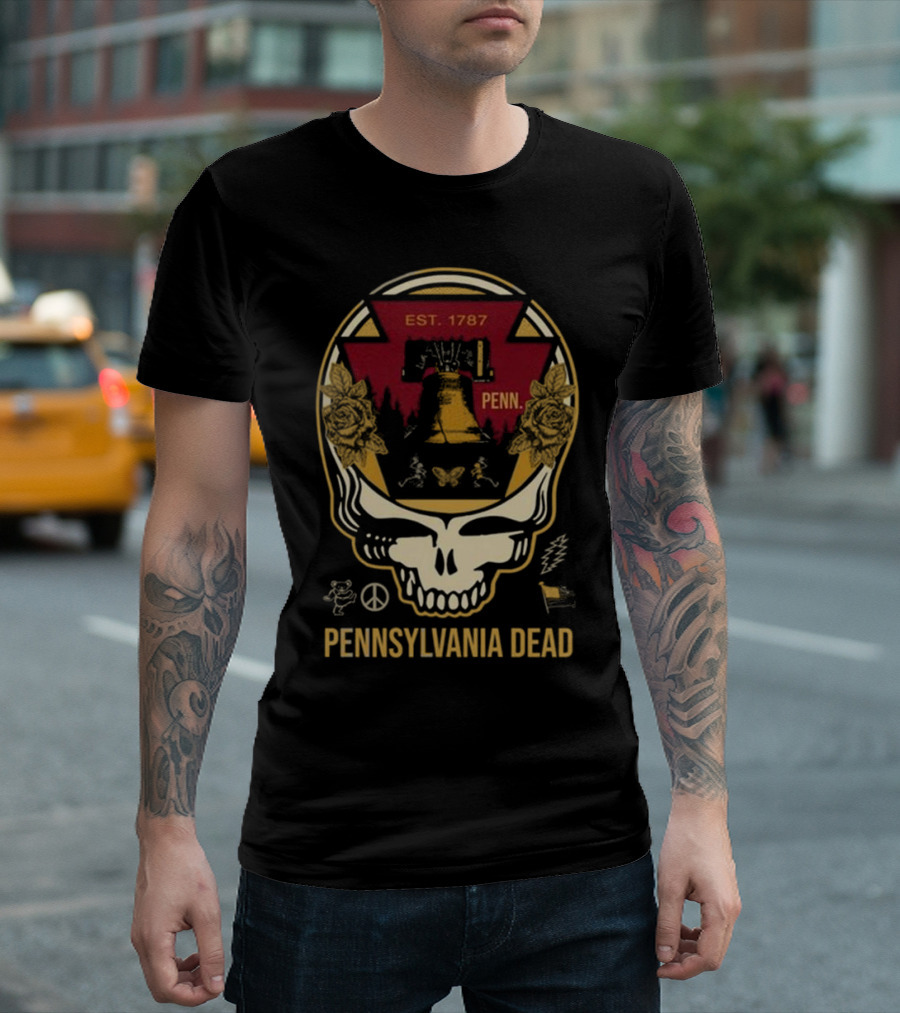 Pennsylvania Dead Est. 1787 Penn Skull With Liberty Bell And Roses T-Shirt