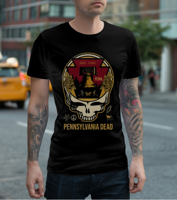 Pennsylvania Dead Est. 1787 Penn Skull With Liberty Bell And Roses T-Shirt