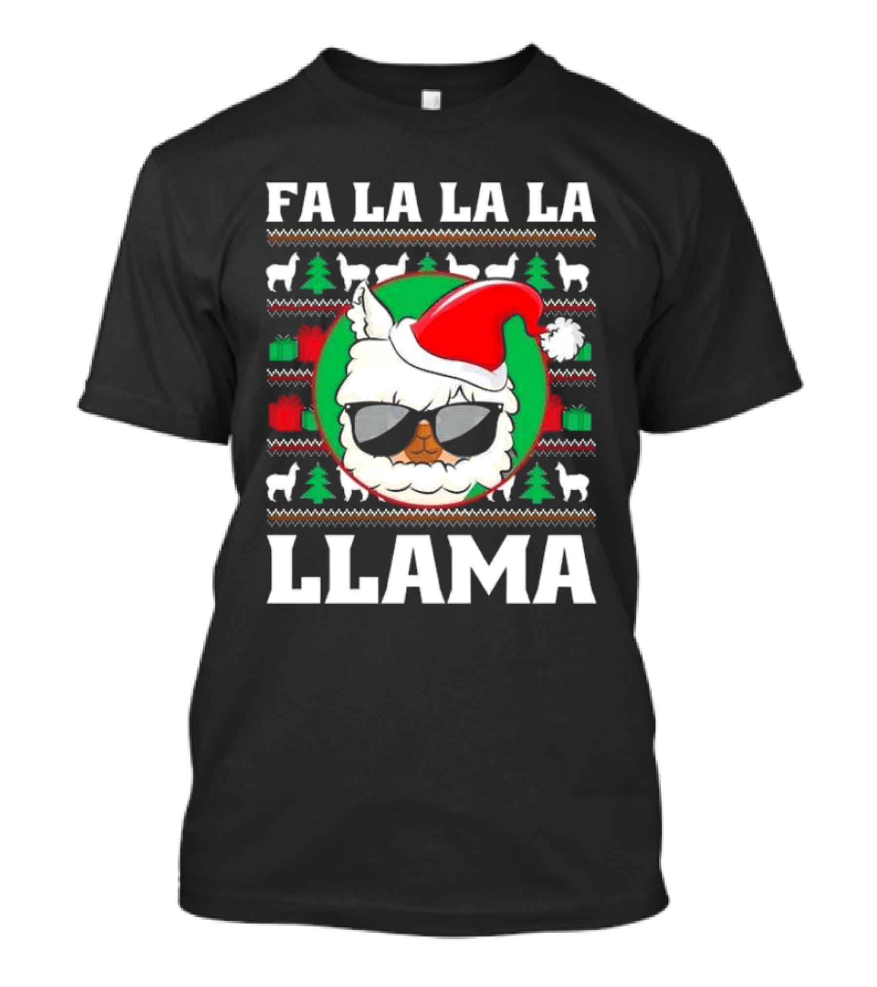 Fa La La La Llama Christmas Ugly Sweater Santa Hat Sunglasses T-Shirt