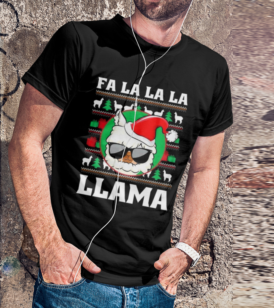 Fa La La La Llama Christmas Ugly Sweater Santa Hat Sunglasses T-Shirt