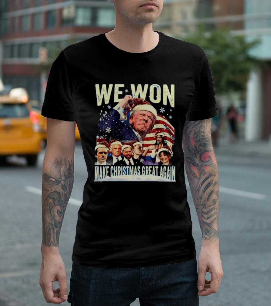 Trump 2024 We Won Make Christmas Great Again Santa Hat Flag Snowflakes T-Shirt