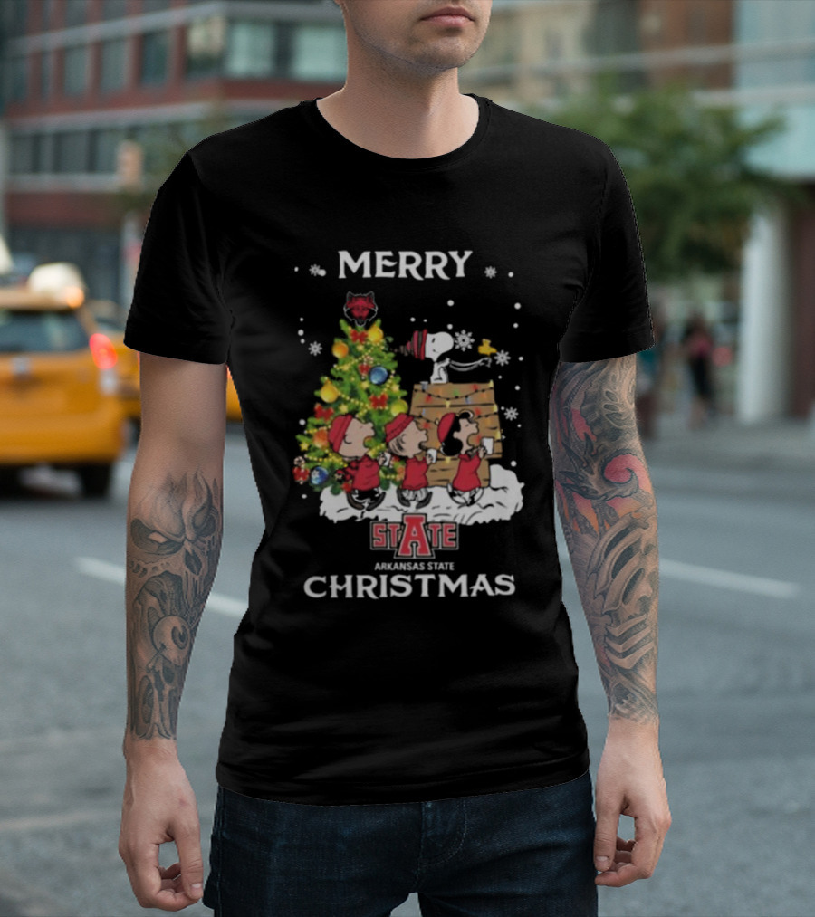 Merry Christmas Arkansas State Red Wolves Snoopy and Friends T-Shirt