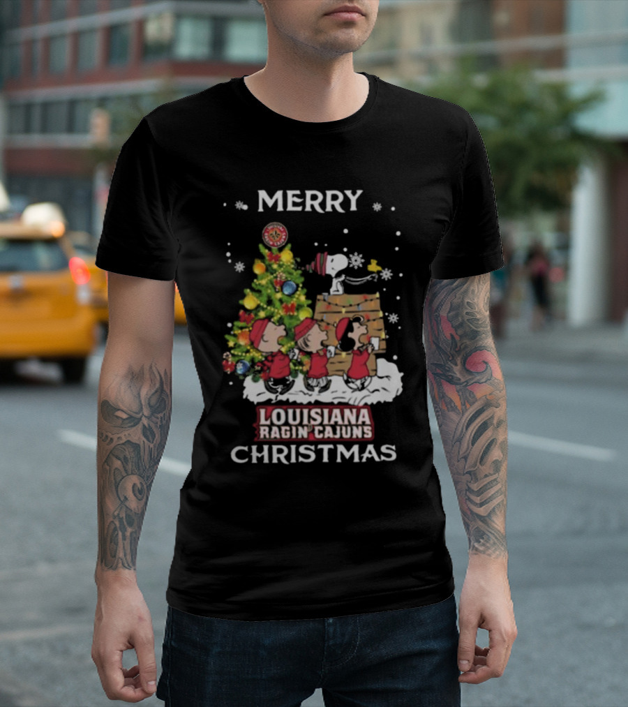 Louisiana Ragin’ Cajuns Snoopy and Friends Merry Christmas T-Shirt