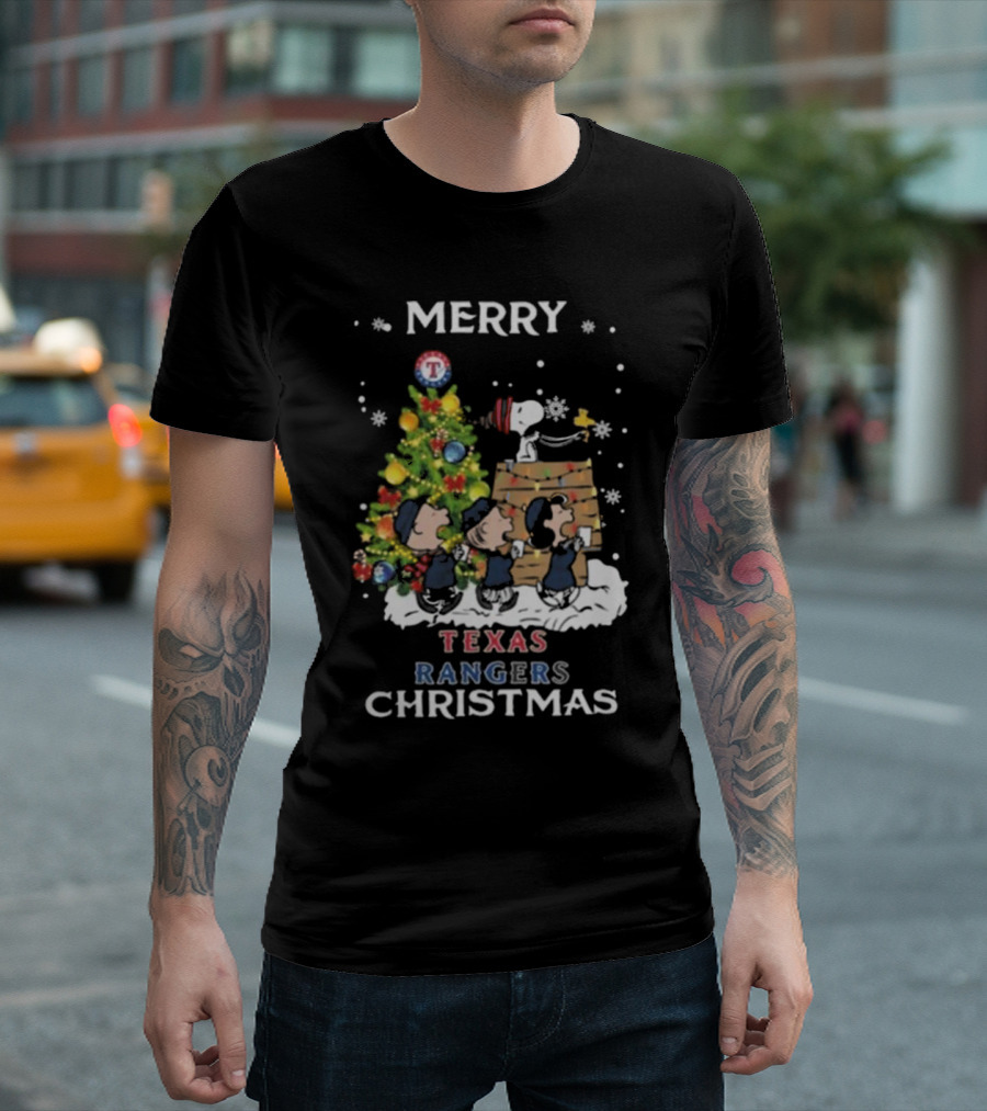 Merry Texas Rangers Snoopy and Friends Christmas T-Shirt