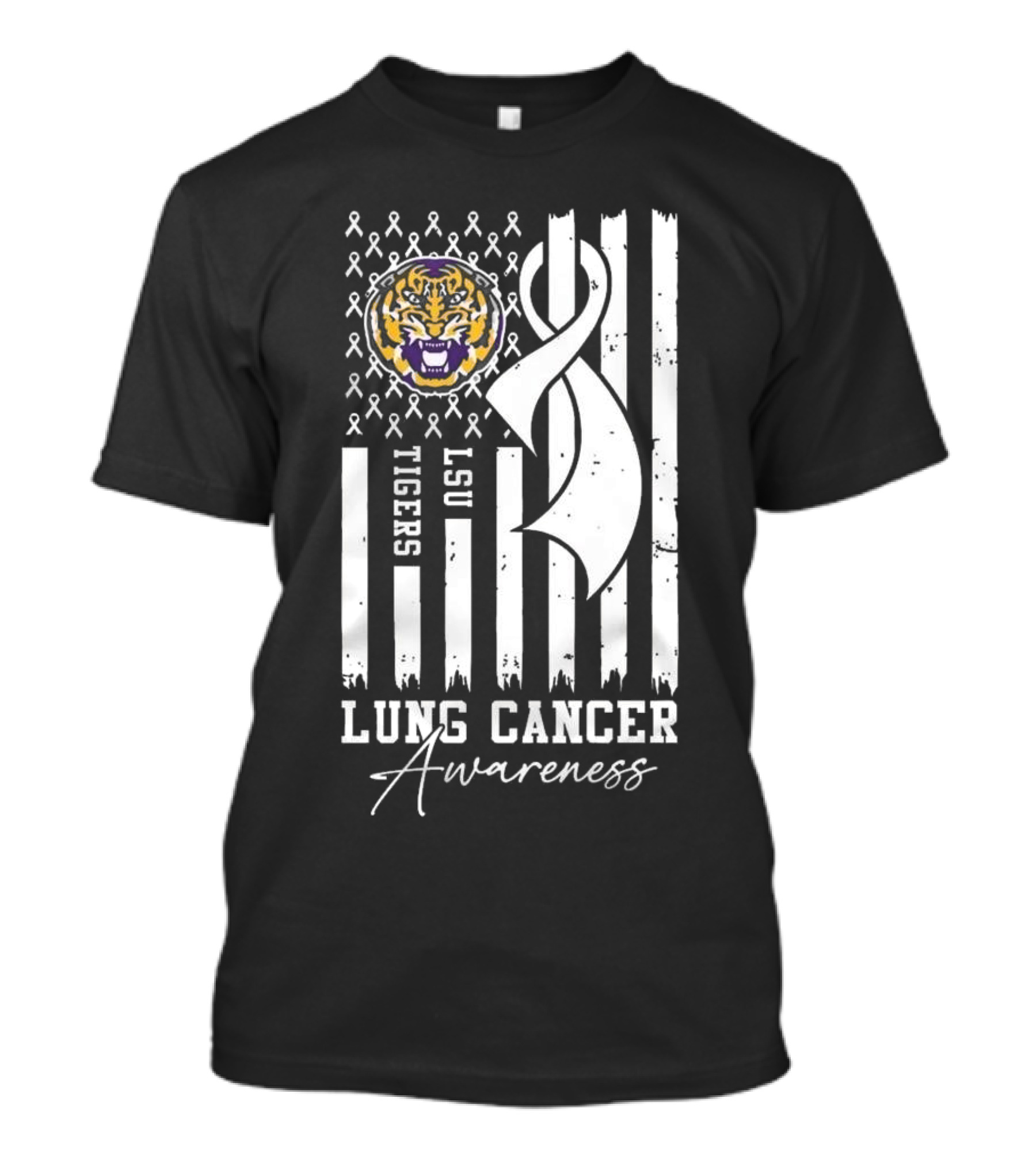 LSU Tigers Lung Cancer Awareness 2024 Ribbon Flag T-Shirt