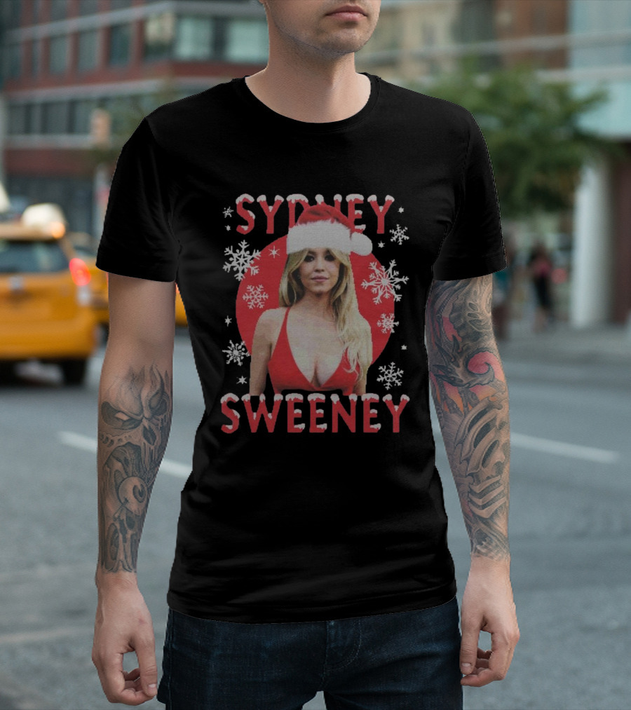 Sydney Sweeney Santa Hat Christmas Snowflakes Red Circle T-Shirt