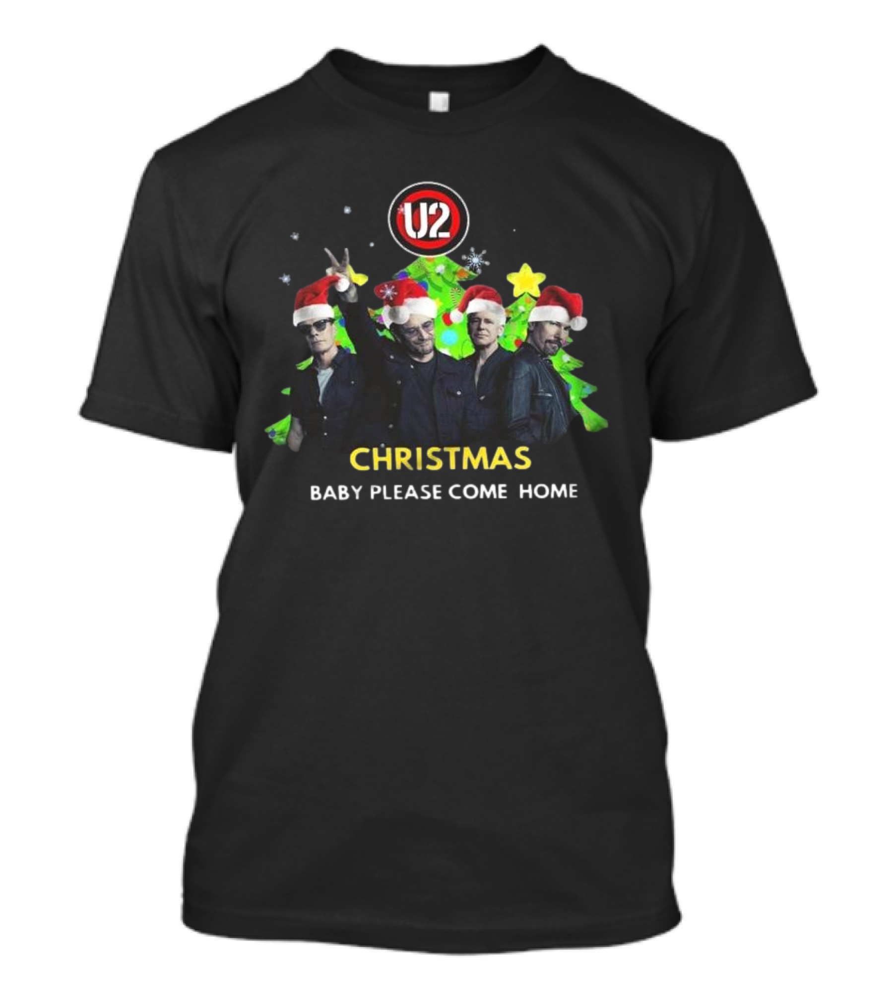 U2 Christmas Baby Please Come Home 2024 Santa Hats Band Members Christmas Tree T-Shirt