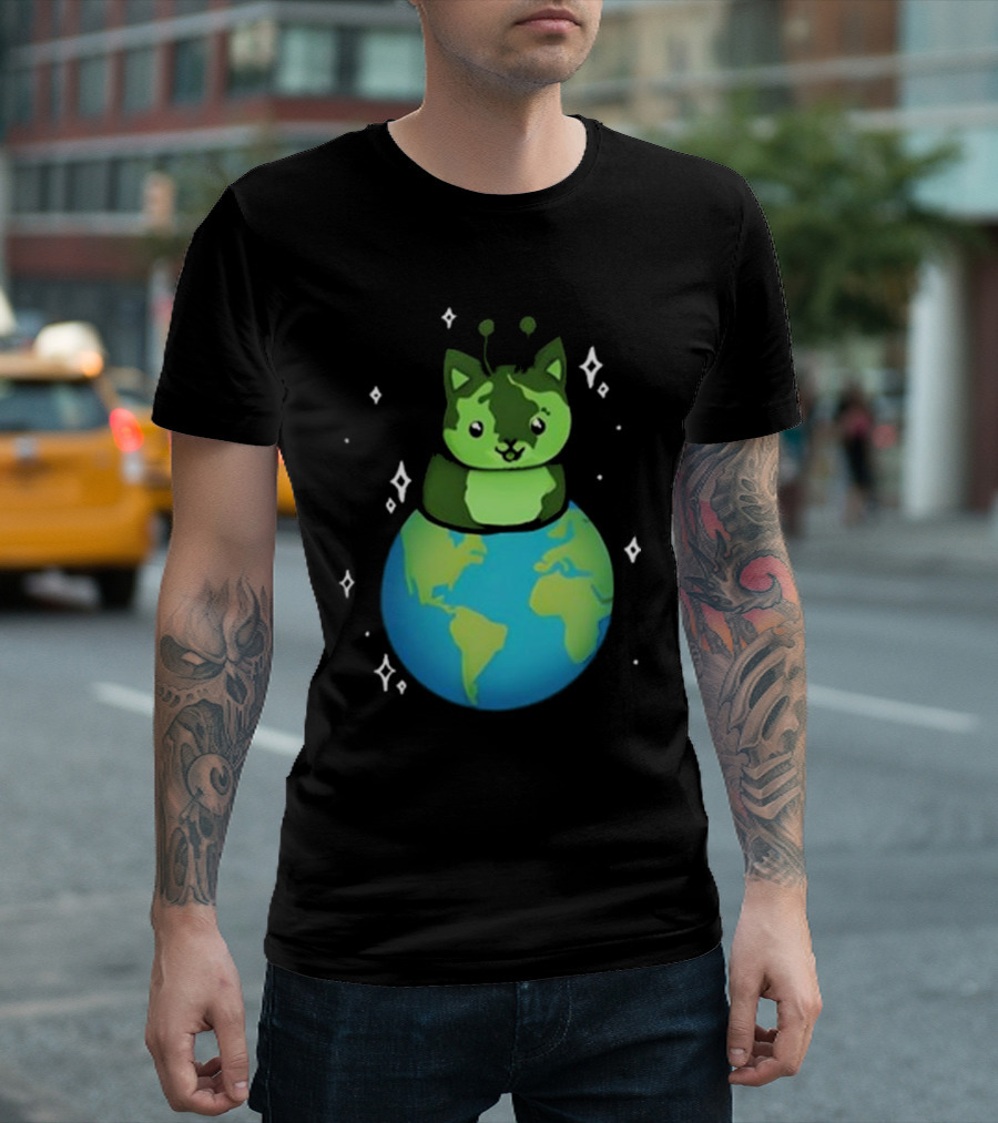 Cult Of Biscuit Alien Biscuit Cat Globe Stars T-Shirt