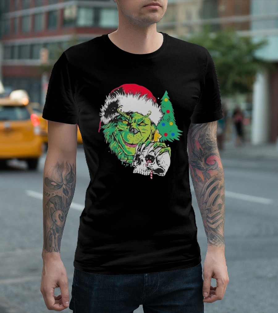 Grinch Santa Hat Skull Christmas Tree Scene T-Shirt