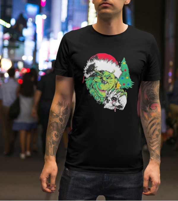 Grinch Santa Hat Skull Christmas Tree Scene T-Shirt