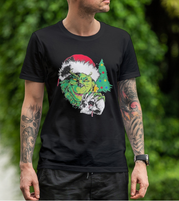 Grinch Santa Hat Skull Christmas Tree Scene T-Shirt