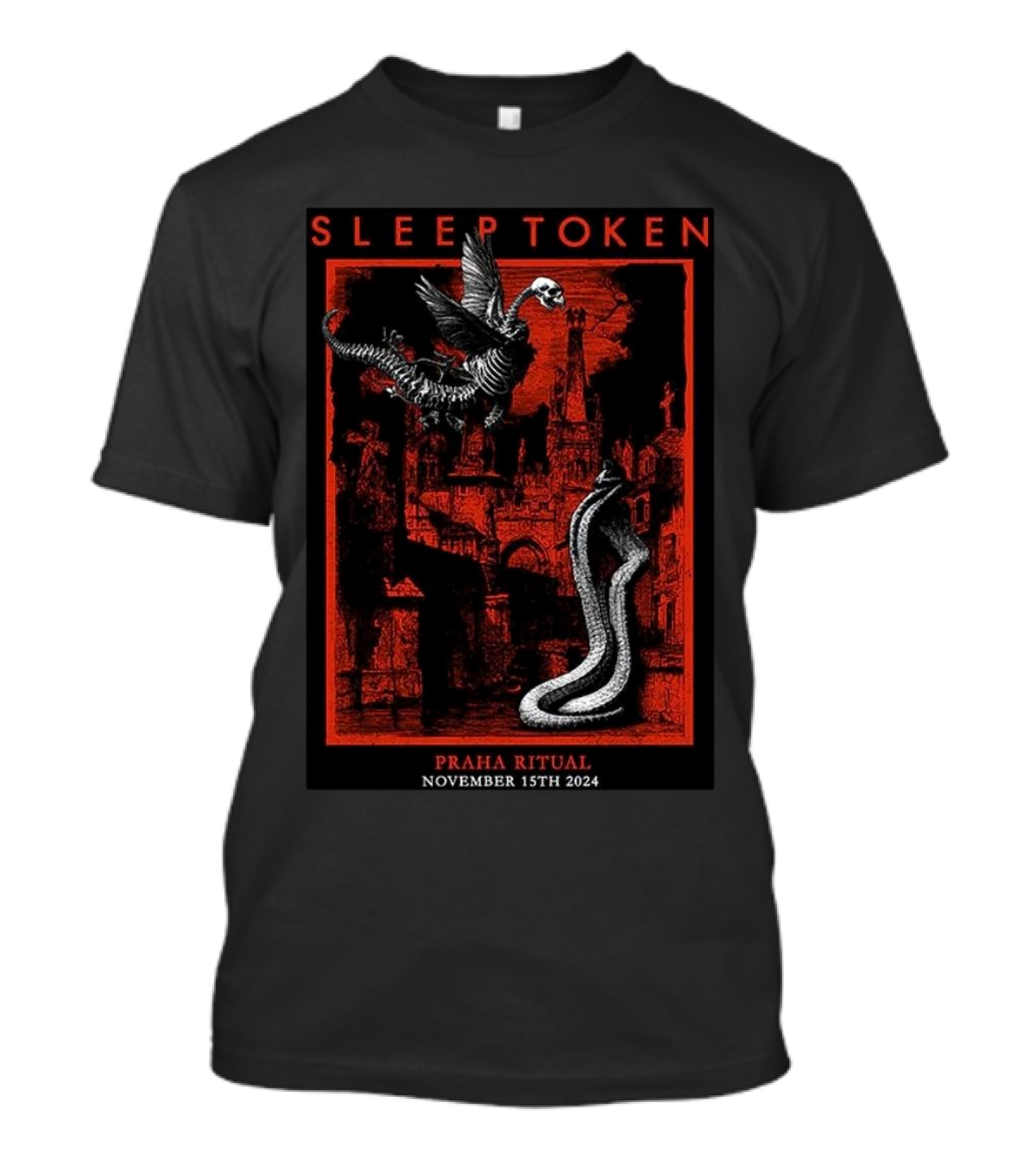 Sleep Token Praha Ritual November 15th 2024 Concert Art With Gothic Cityscape And Skeletal Creatures T-Shirt