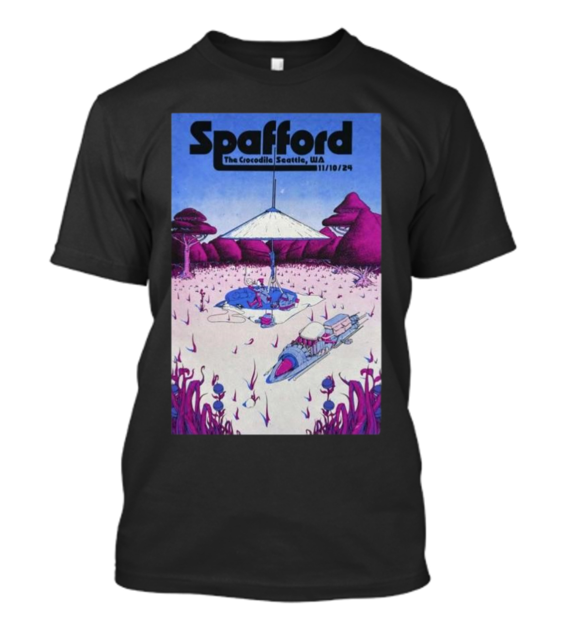 Spafford The Crocodile Seattle WA 11/10/24 Futuristic Landscape With Purple Trees And Spaceships T-Shirt