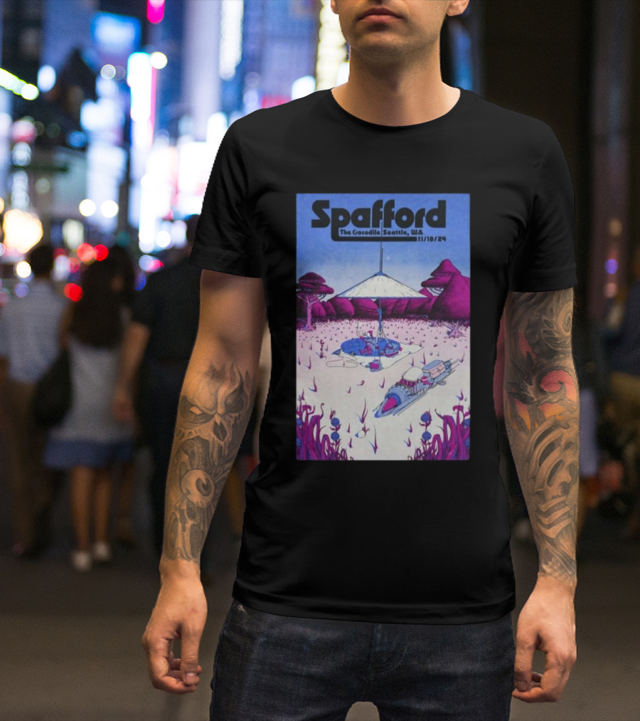 Spafford The Crocodile Seattle WA 11/10/24 Futuristic Landscape With Purple Trees And Spaceships T-Shirt