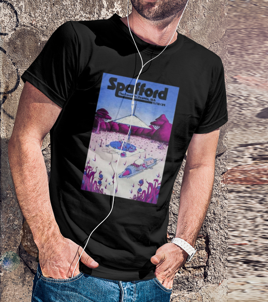 Spafford The Crocodile Seattle WA 11/10/24 Futuristic Landscape With Purple Trees And Spaceships T-Shirt