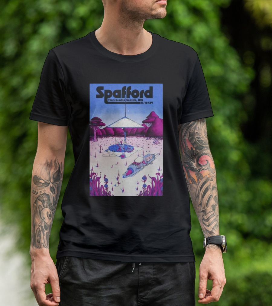 Spafford The Crocodile Seattle WA 11/10/24 Futuristic Landscape With Purple Trees And Spaceships T-Shirt