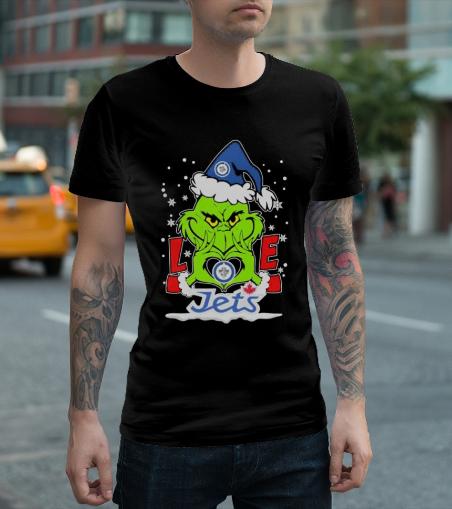 Grinch Heart Hands Love Winnipeg Jets Christmas Santa Hat Snowflakes T-Shirt