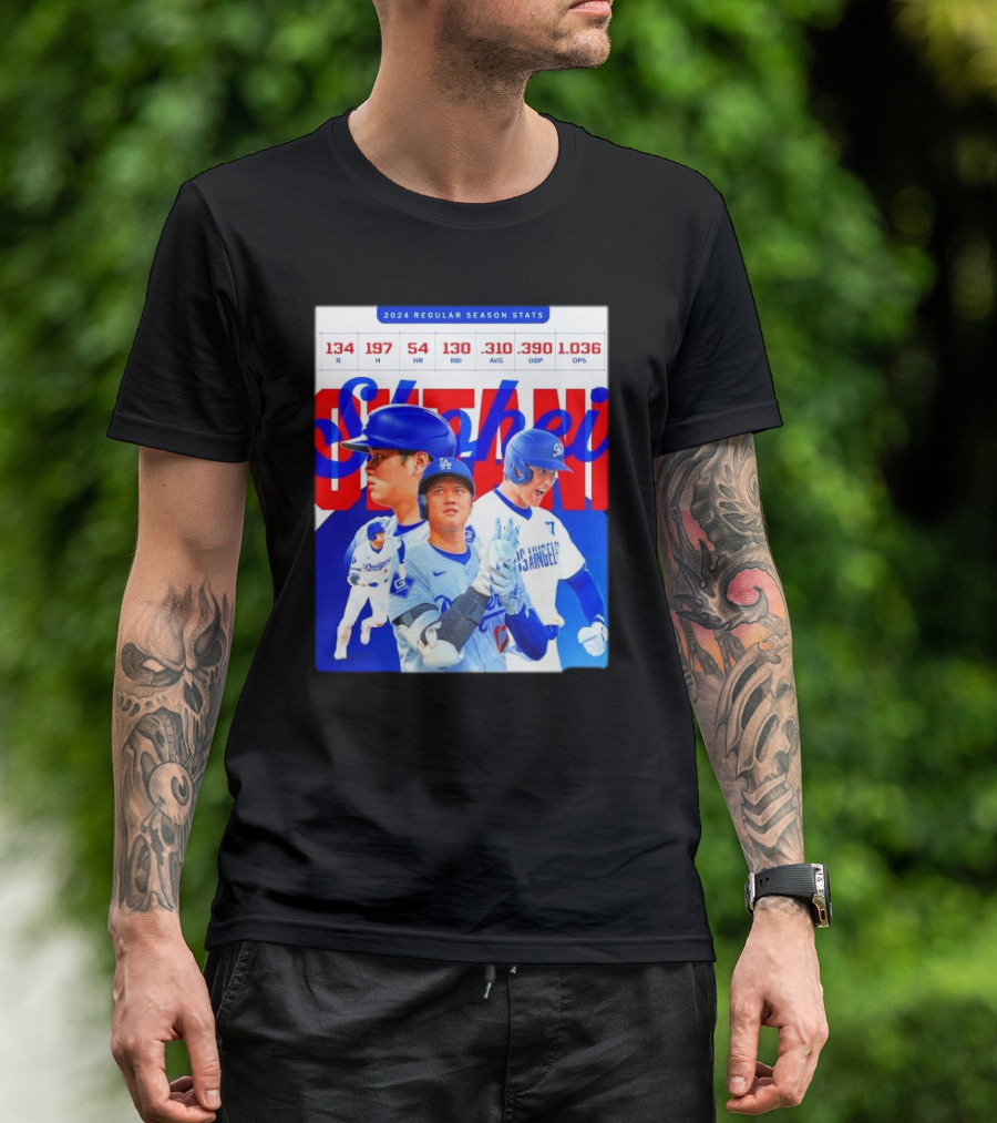 LA Dodgers Shohei Ohtani 2024 Regular Season Stats R H HR RBI AVG OBP OPS T-Shirt