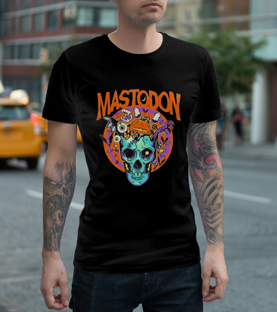 Mastodon Halloween Skull Design with Pumpkin and Bat Elements T-Shirt