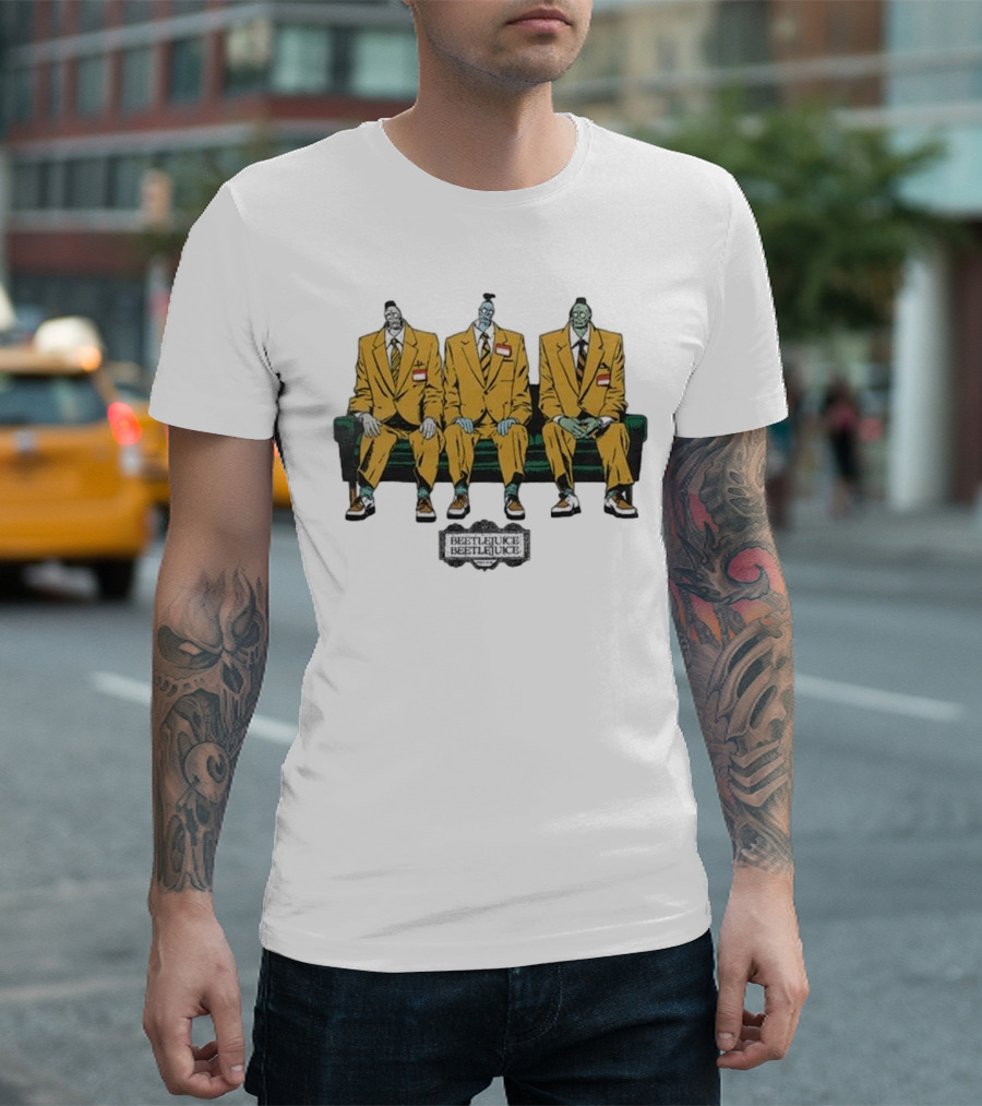 Beetlejuice Trio in Yellow Suits Sitting on Green Couch T-Shirt
