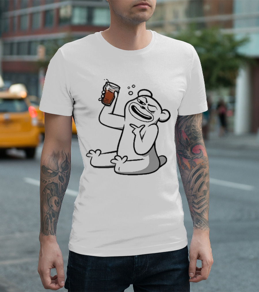 Cotton Bureau Root Bear Cartoon with Beverage T-Shirt