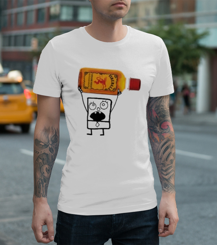 Doodlebob Fireball Whiskey Character Holding Iconic Liquor Bottle T-Shirt