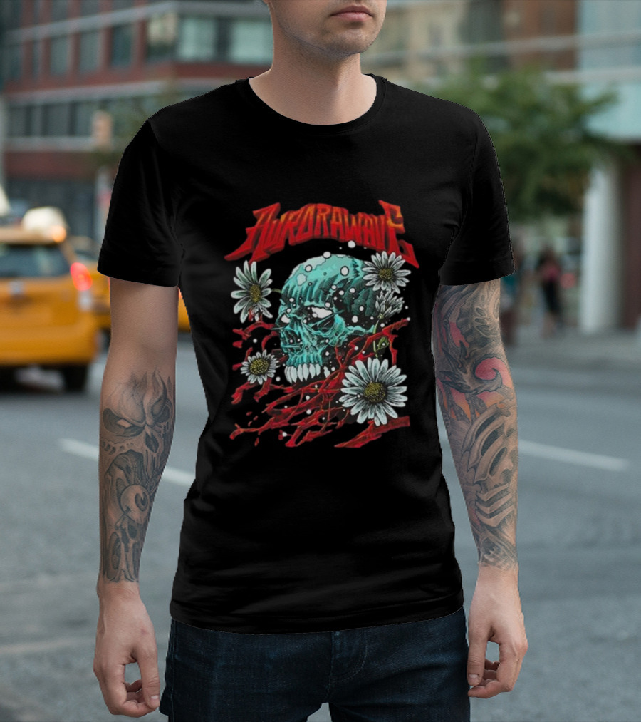 Aurora Wave Skull with Flowers and Red Vines T-Shirt