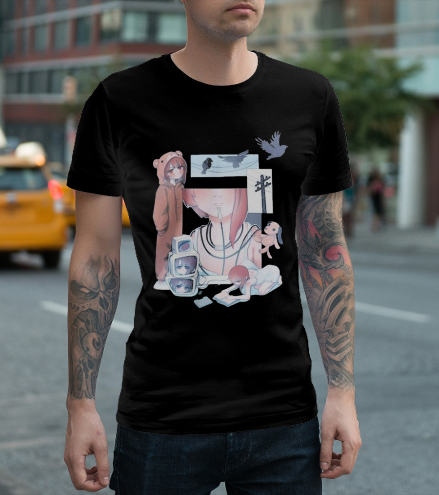 Serial Experiments Lain Wired Bear Hoodie Monitors and Flock of Birds T-Shirt