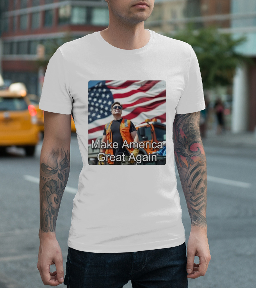 Make America Great Again Elon Musk in Orange Vest with American Flag Background T-Shirt