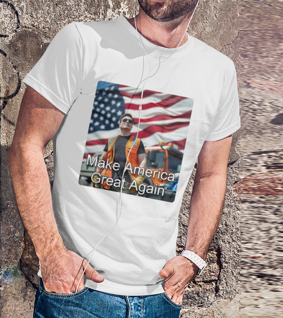 Make America Great Again Elon Musk In Orange Vest With American Flag Background T-Shirt