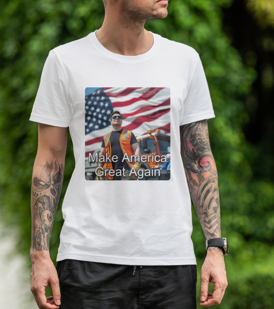 Make America Great Again Elon Musk In Orange Vest With American Flag Background T-Shirt