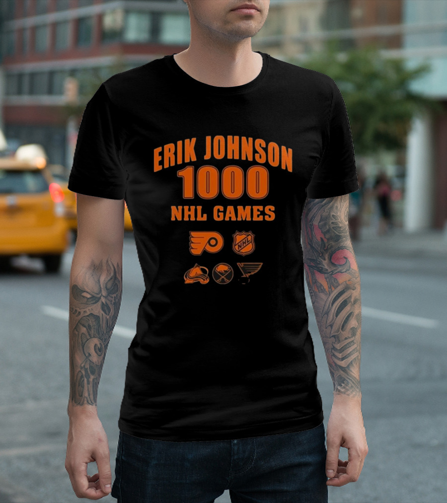 Erik Johnson 1000 NHL Games Philadelphia Flyers Colorado Avalanche Buffalo Sabres St. Louis Blues T-Shirt