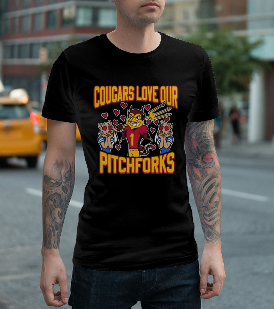 Cougars Love Our Pitchforks Number 1 Devil with Cougars Hearts T-Shirt
