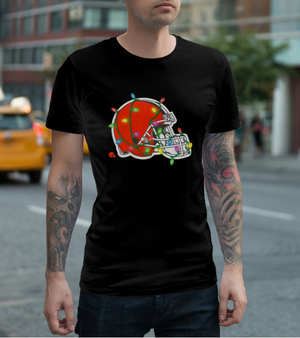 Cleveland Browns Helmet Wrapped In Holiday Lights T-Shirt