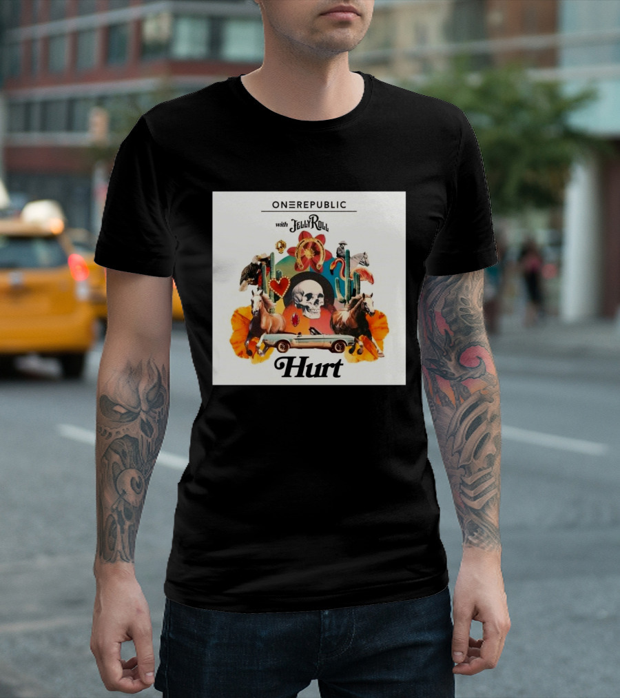 ONEREPUBLIC with JELLY ROLL Hurt Retro Collage of Horses and Cactus T-Shirt