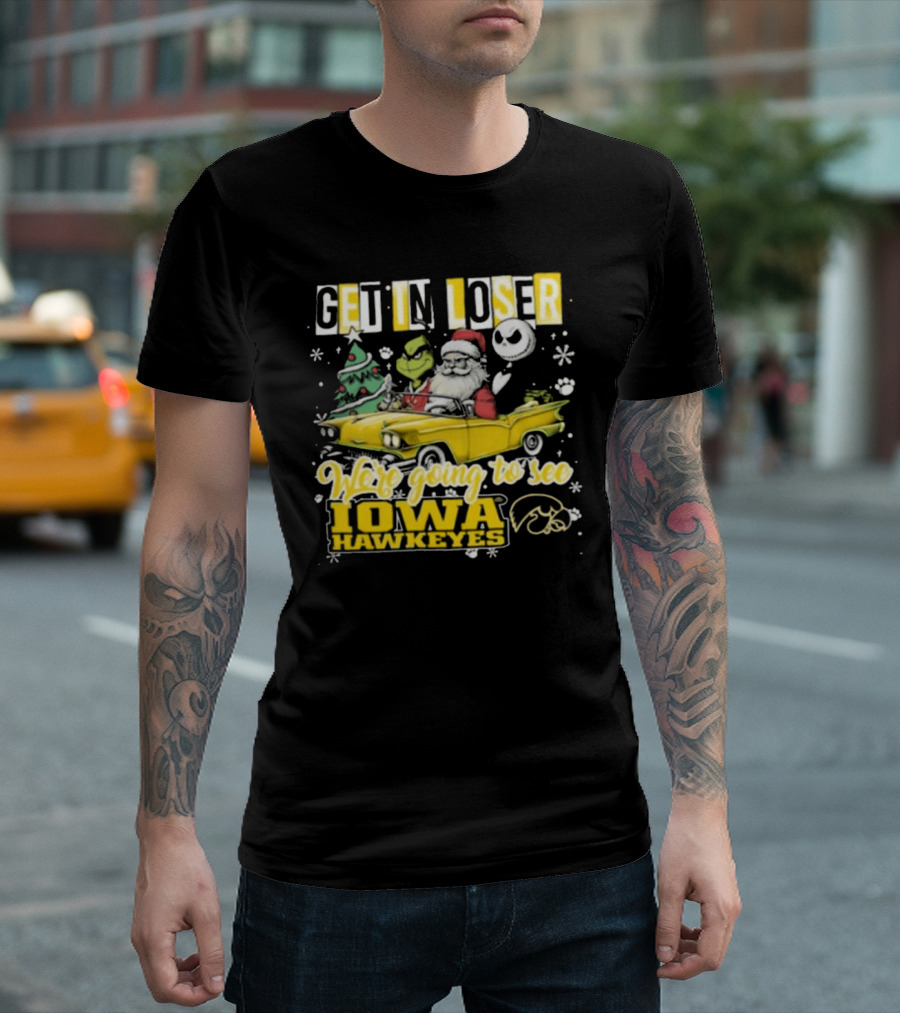 Get In Loser Santa Grinch Jack Skellington Driving To Iowa Hawkeyes Christmas T-Shirt