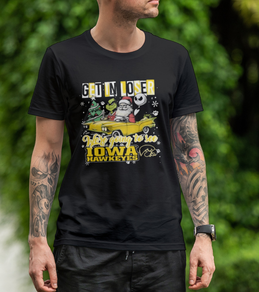 Get In Loser Santa Grinch Jack Skellington Driving To Iowa Hawkeyes Christmas T-Shirt