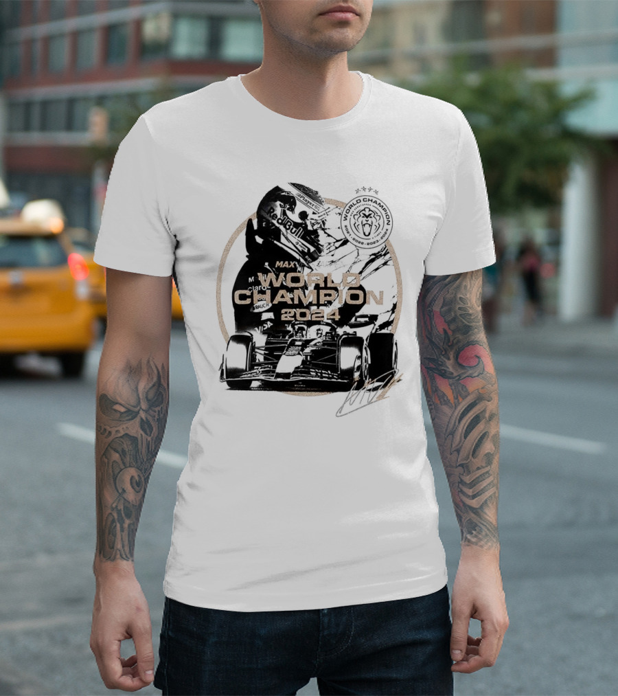World Champion 2024 Max Verstappen Racing Car Helmet Design with Red Bull and Signature Elements T-Shirt