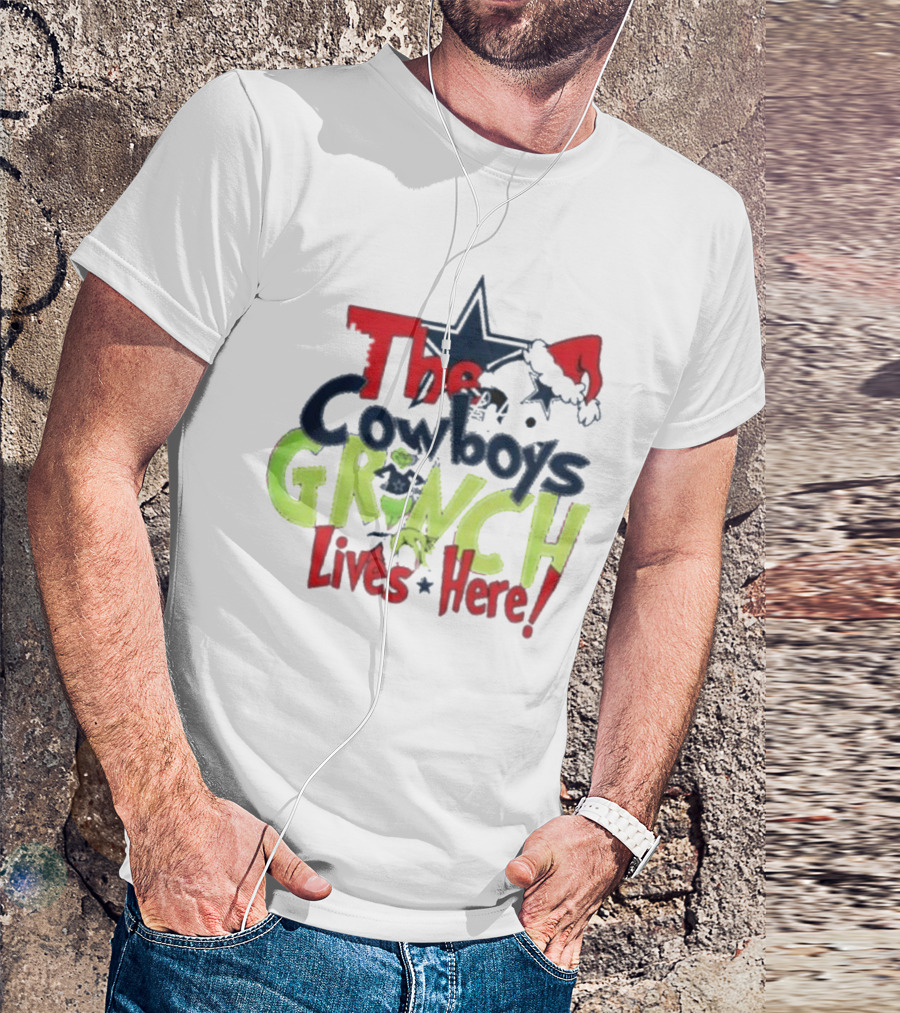 The Cowboys Grinch Lives Here Santa Hat Christmas T-Shirt