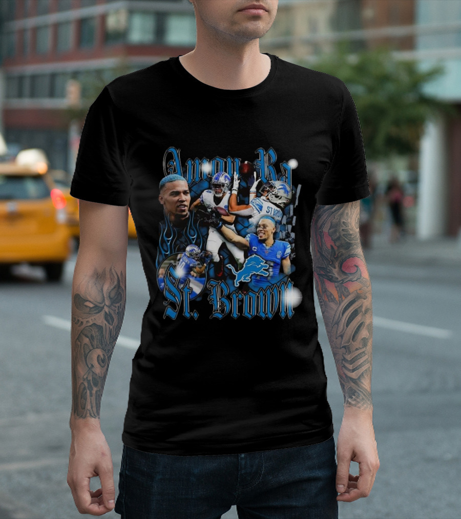 Amon-Ra St. Brown Detroit Lions Player NFL Football Legend Blue Flames T-Shirt