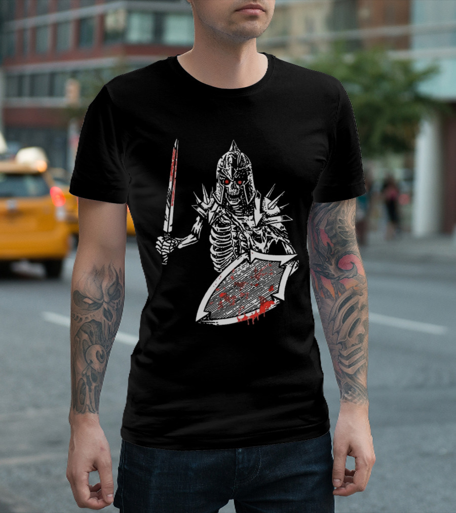 Gatecreeper Bloody Skeleton Warrior With Blood-Soaked Sword And Shield T-Shirt
