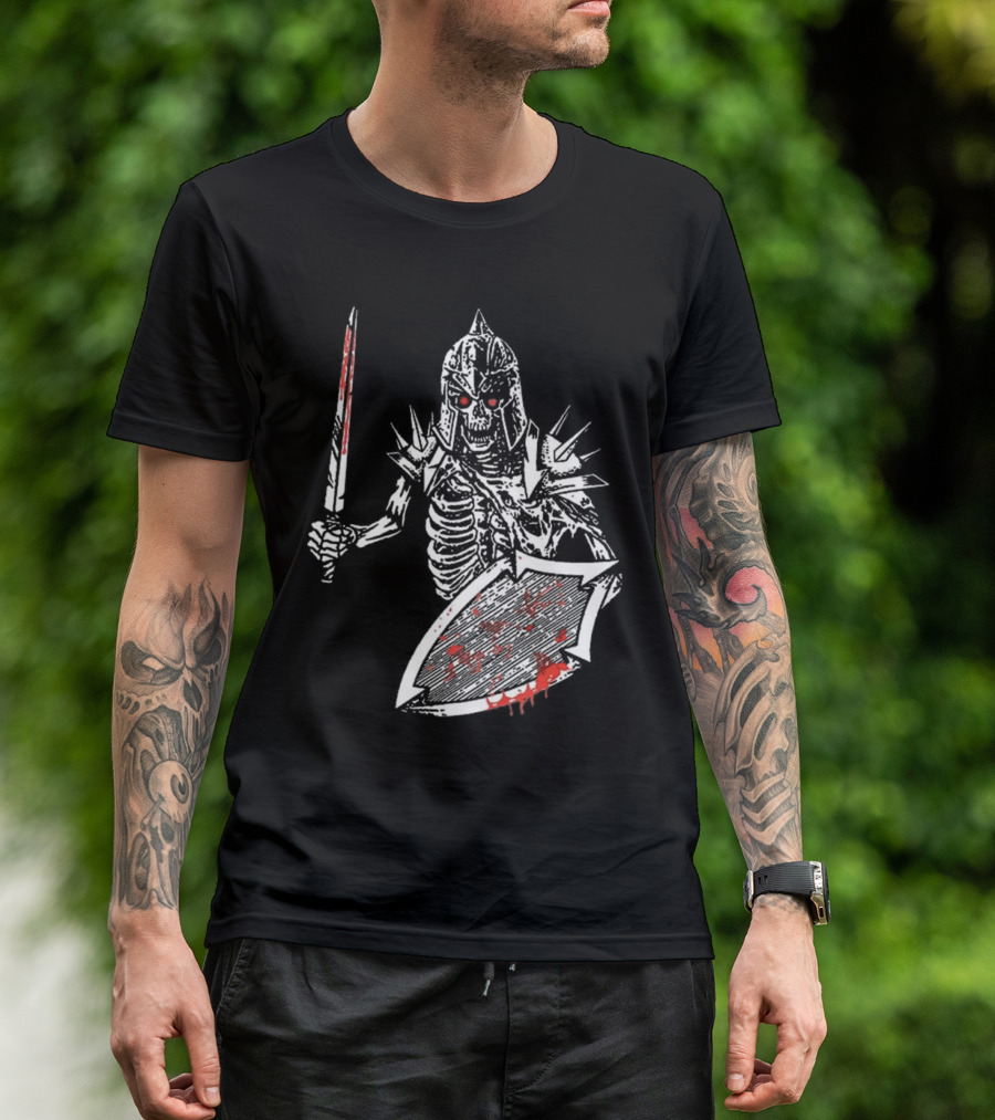 Gatecreeper Bloody Skeleton Warrior With Blood-Soaked Sword And Shield T-Shirt