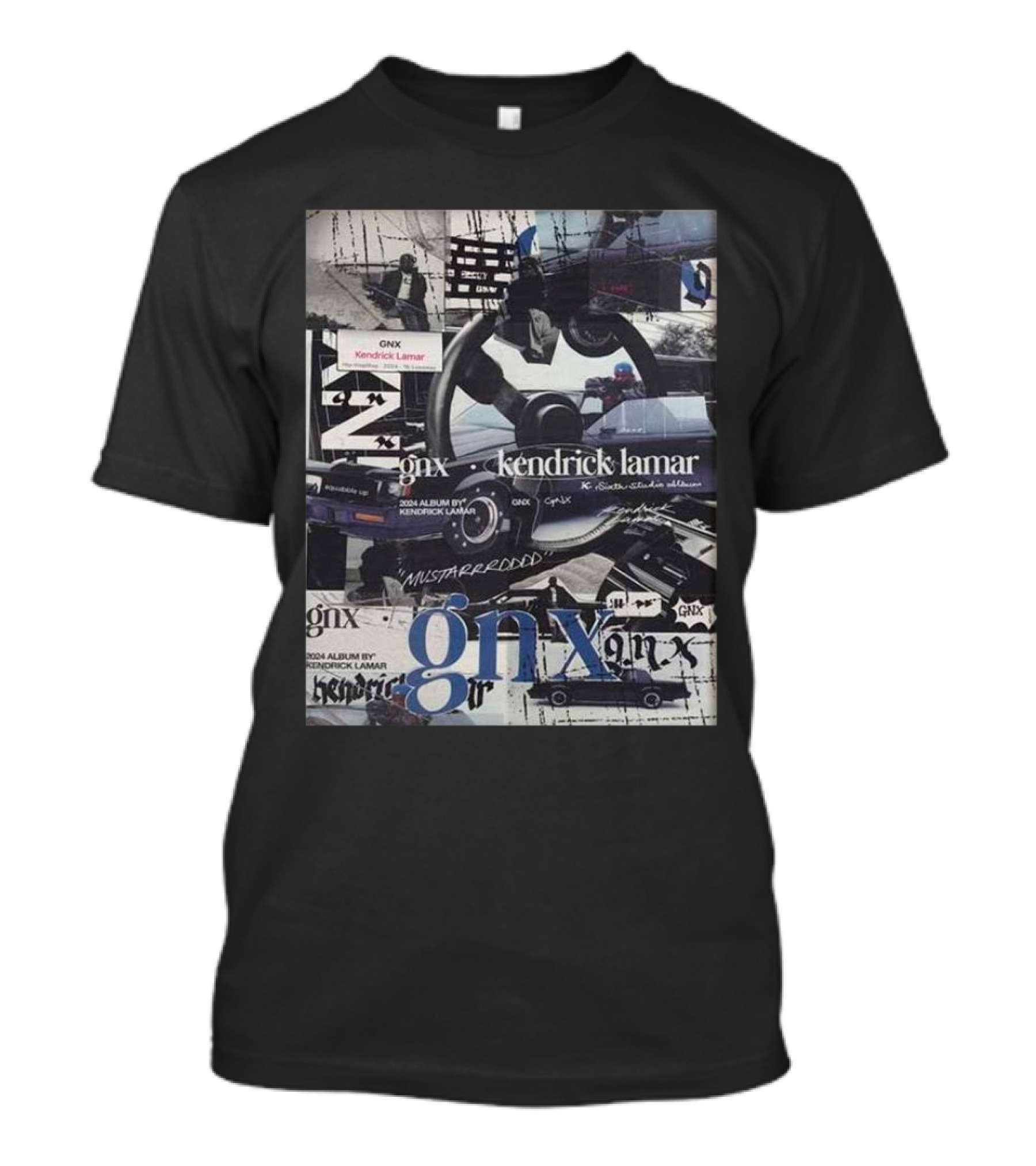 Kendrick Lamar GNX 2024 Album Collage With Cars And Mustard Text T-Shirt