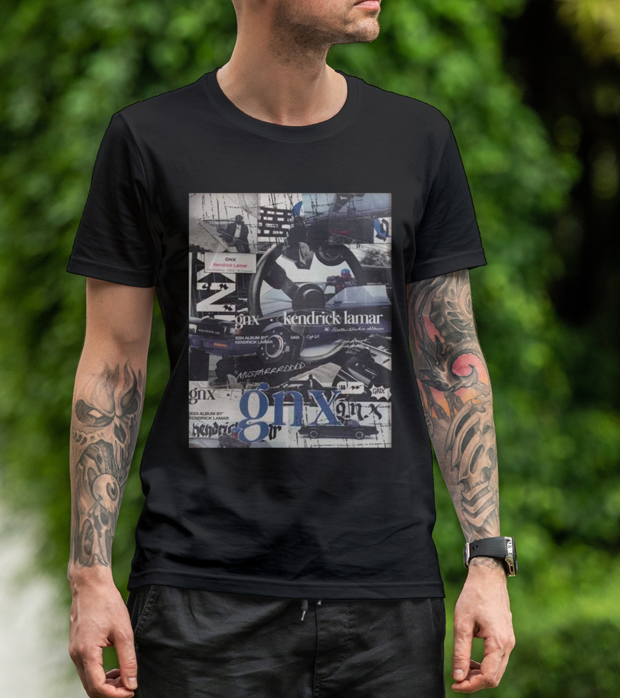 Kendrick Lamar GNX 2024 Album Collage With Cars And Mustard Text T-Shirt