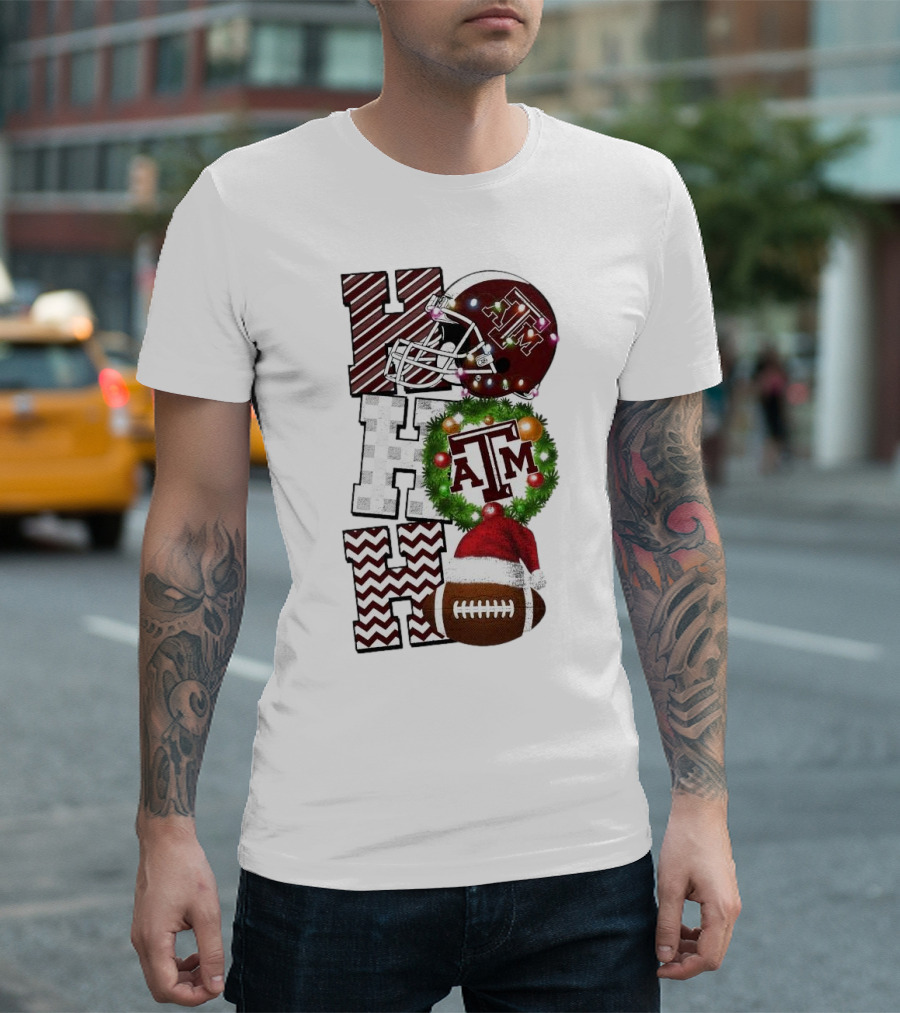 Texas A M Aggies Football Christmas Ho Ho Ho ATM Helmet Wreath Football T-Shirt