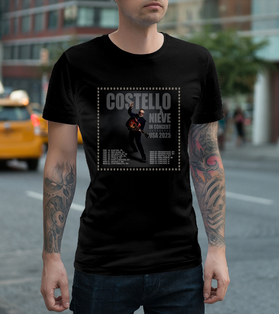 Costello And Nieve In Concert USA 2025 Tour Dates February March Easton Woodstock Chicago T-Shirt