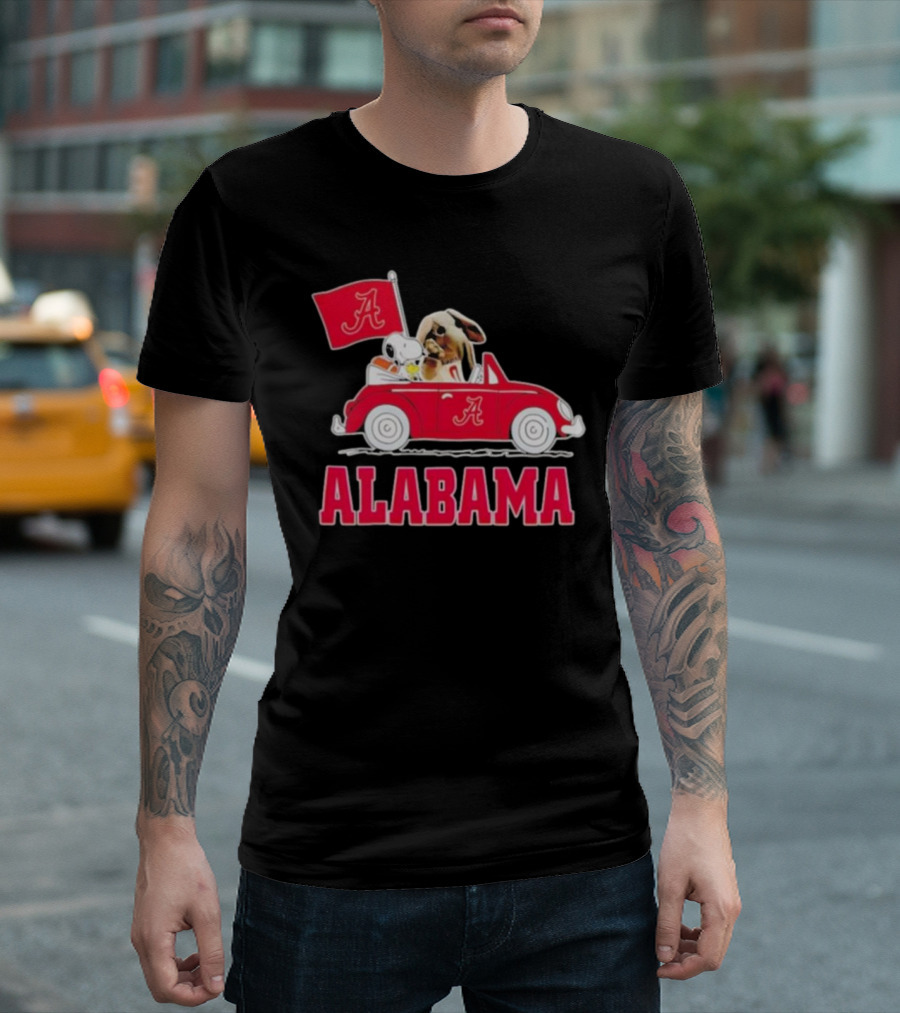 Snoopy and Big Al Driving Red Car with Alabama Flag Crimson Tide T-Shirt