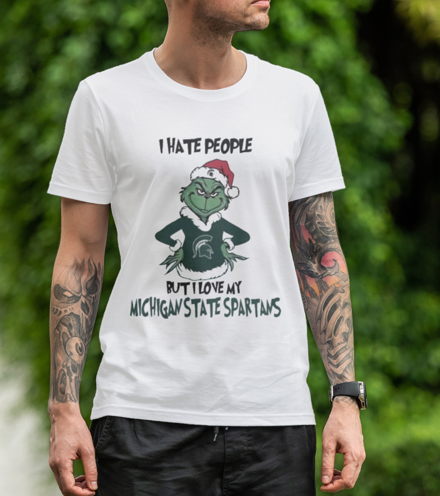 I Hate People But I Love My Michigan State Spartans Grinch Christmas Santa Hat T-Shirt