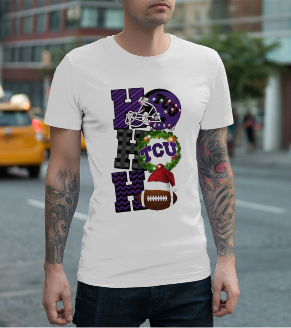TCU Horned Frogs Football Christmas Ho Ho Ho Helmet And Wreath Game Day T-Shirt
