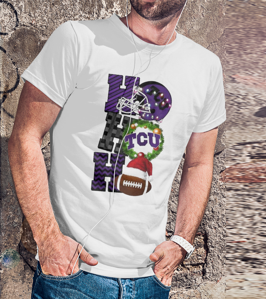 TCU Horned Frogs Football Christmas Ho Ho Ho Helmet And Wreath Game Day T-Shirt
